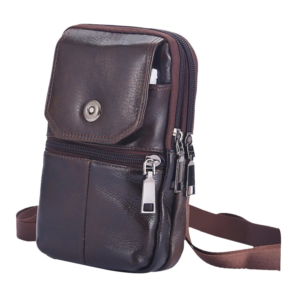 Cowhide Leather Bags Solid Color 7.5Inch Phone Shoulder Bags Men Waterproof Purse Bag Built in Card Pockets for Travel Shopping