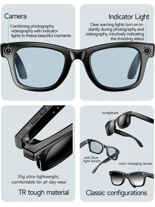 AI Smart Goggles TR Material Black 8MP Camera Bluetooth Phone Music Photochromatic
