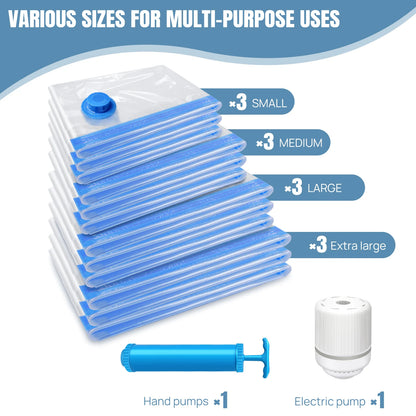 Vacuum Storage Bags for Clothes,12-Pack with Electric Pump Hand Pump,Space-Saving Compression Bags for Travel &Home Organization