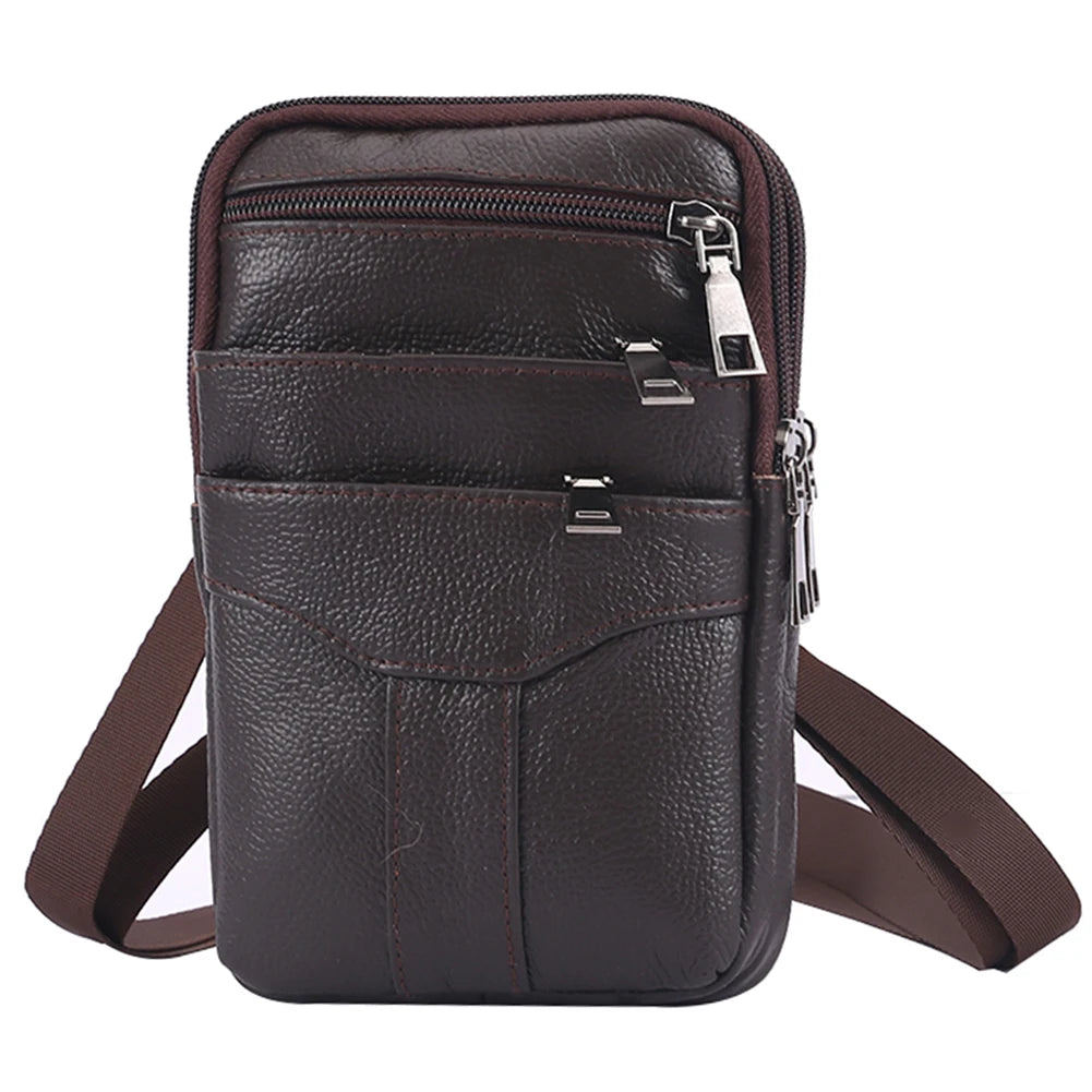 Cowhide Leather Bags Solid Color 7.5Inch Phone Shoulder Bags Men Waterproof Purse Bag Built in Card Pockets for Travel Shopping