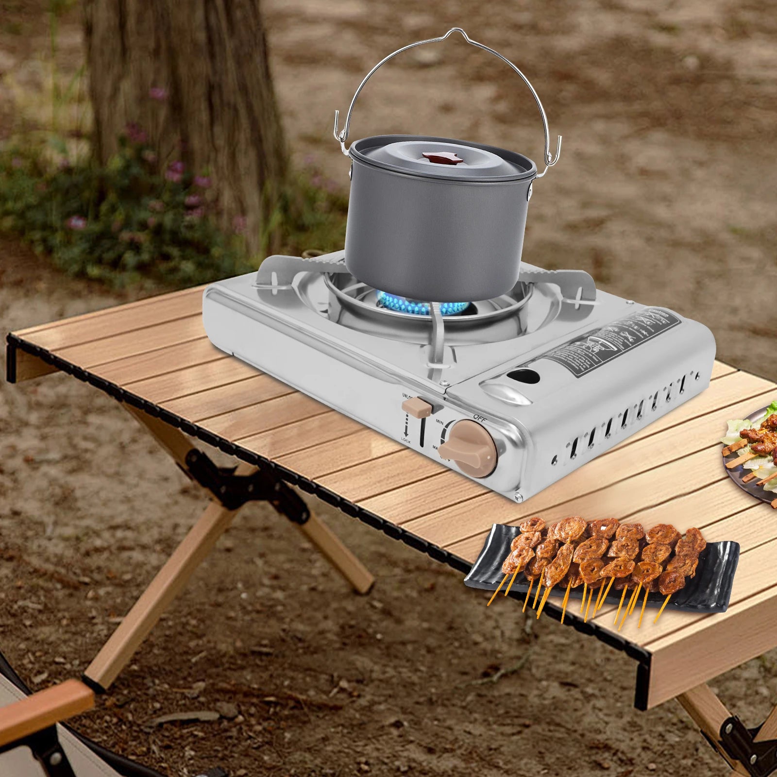 Portable Camping Grill Gas Stove with Windproof Ring Adjustable Firepower Lightweight for Outdoor Camping Picnic Barbecue