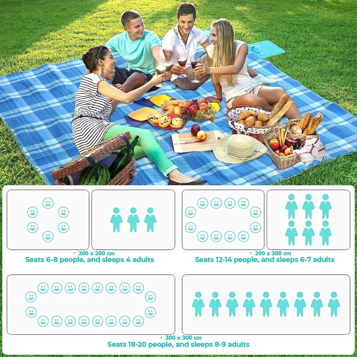 Outdoor Picnic Blanket with Waterproof Backing with Handles for Camping Picnic Hiking BBQ Travel Camping Blanket&Carrying Handle