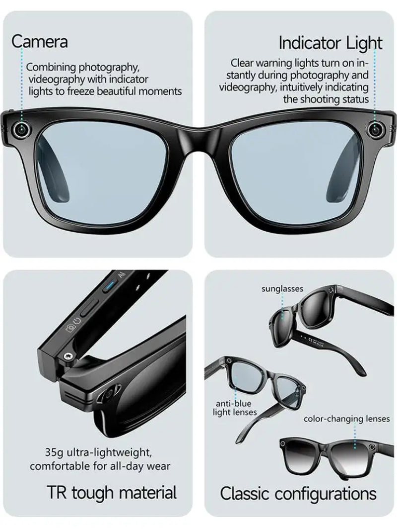 AI Smart Goggles TR Material Black 8MP Camera Bluetooth Phone Music Photochromatic