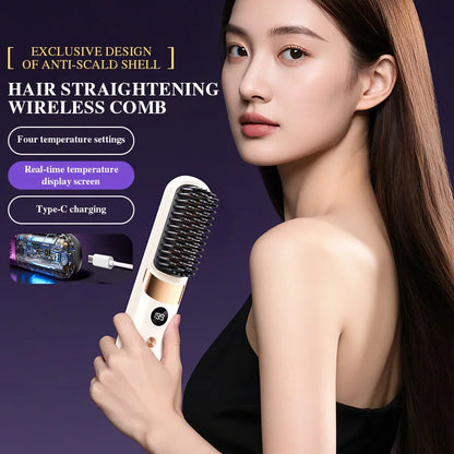 2025 New USB Charging Cordless Hair Straightener Brush-Portable Hair Straightening Brush LED Display for Women Travel Gift