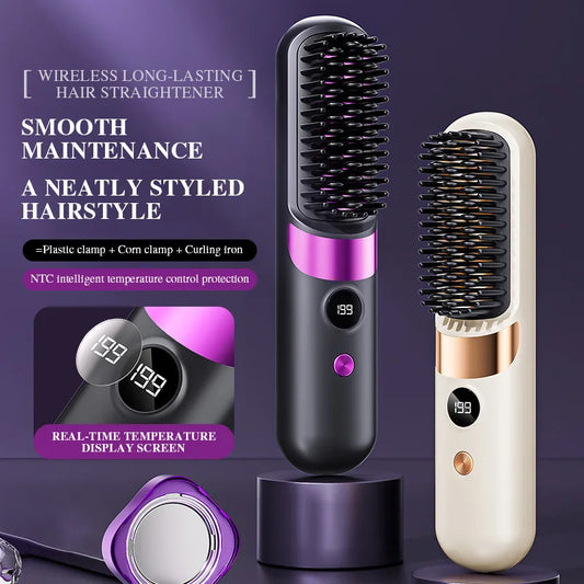 2025 New USB Charging Cordless Hair Straightener Brush-Portable Hair Straightening Brush LED Display for Women Travel Gift
