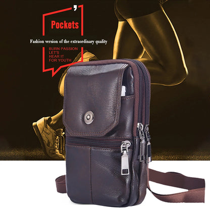 Cowhide Leather Bags Solid Color 7.5Inch Phone Shoulder Bags Men Waterproof Purse Bag Built in Card Pockets for Travel Shopping