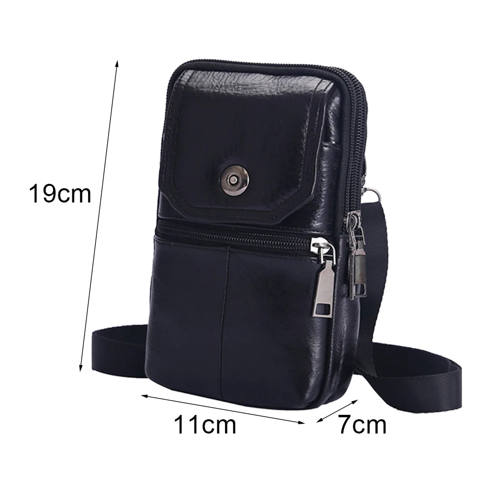 Cowhide Leather Bags Solid Color 7.5Inch Phone Shoulder Bags Men Waterproof Purse Bag Built in Card Pockets for Travel Shopping