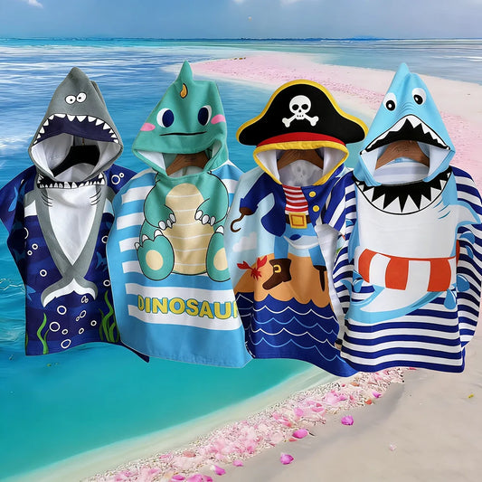 Kids Hooded Beach Towel Poncho - Cute Cartoon Animal & Pirate Design, Absorbent Quick Dry Towel,, Perfect for Beach Pool Bath