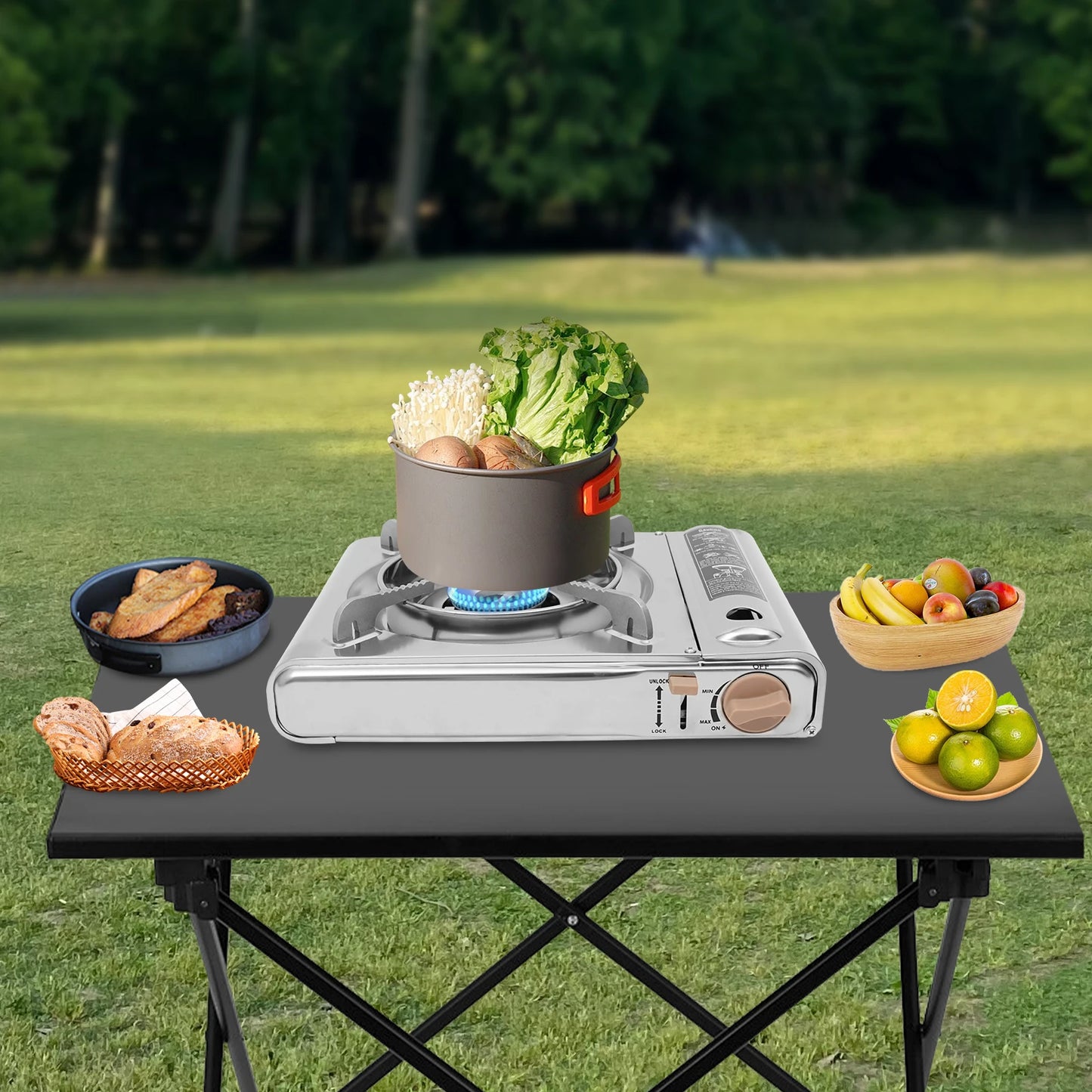 Portable Camping Grill Gas Stove with Windproof Ring Adjustable Firepower Lightweight for Outdoor Camping Picnic Barbecue