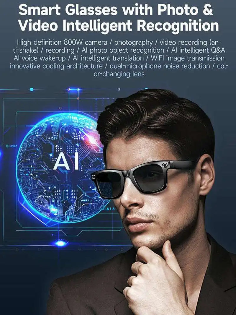 AI Smart Goggles TR Material Black 8MP Camera Bluetooth Phone Music Photochromatic