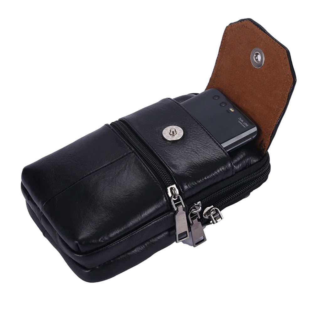 Cowhide Leather Bags Solid Color 7.5Inch Phone Shoulder Bags Men Waterproof Purse Bag Built in Card Pockets for Travel Shopping